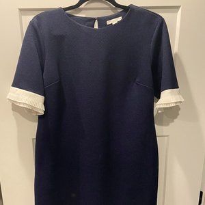 Navy Blue Dress w/White Pleated sleeves, Sz L, NY & Co., Stretch Knit